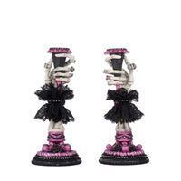 Skeleton Hand Candle Stick by Katherine’s Collection, front view with jeweled rings, lace sleeves, and rhinestones.