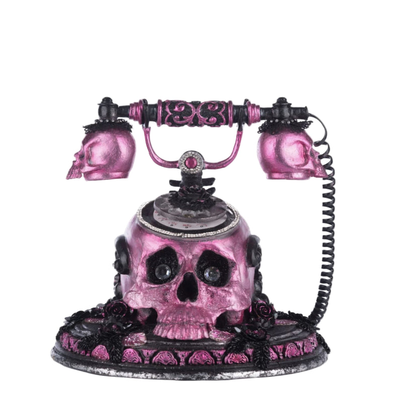 Katherine’s Collection Skull and Roses Phone from Pink Panic Possession Halloween décor.