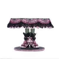 Katherine’s Collection Witch Boots Cake Plate front view, food safe resin dessert stand with jeweled bat wing design.