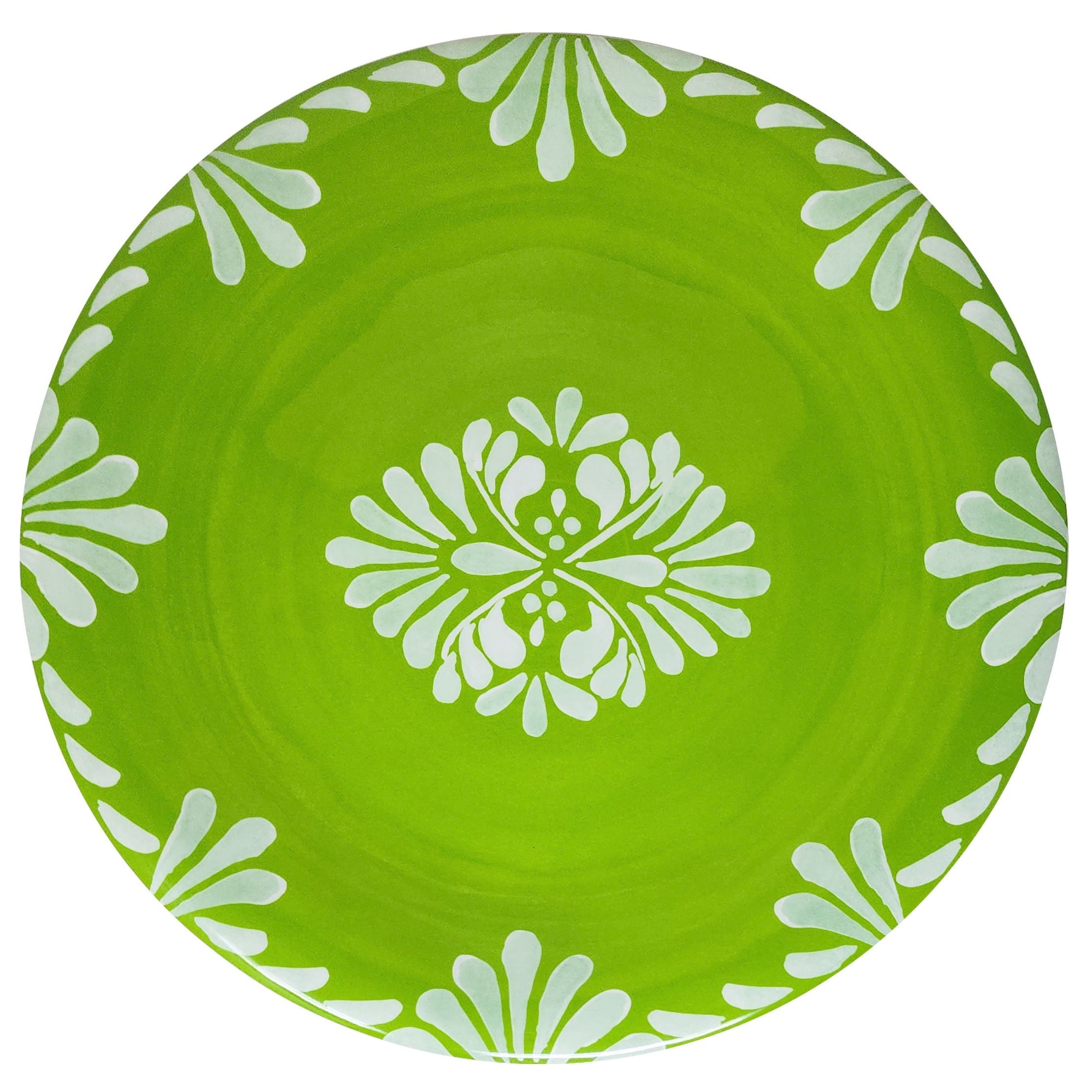 Le Cadeaux Paloma Green melamine salad plate with white floral pattern on a white background