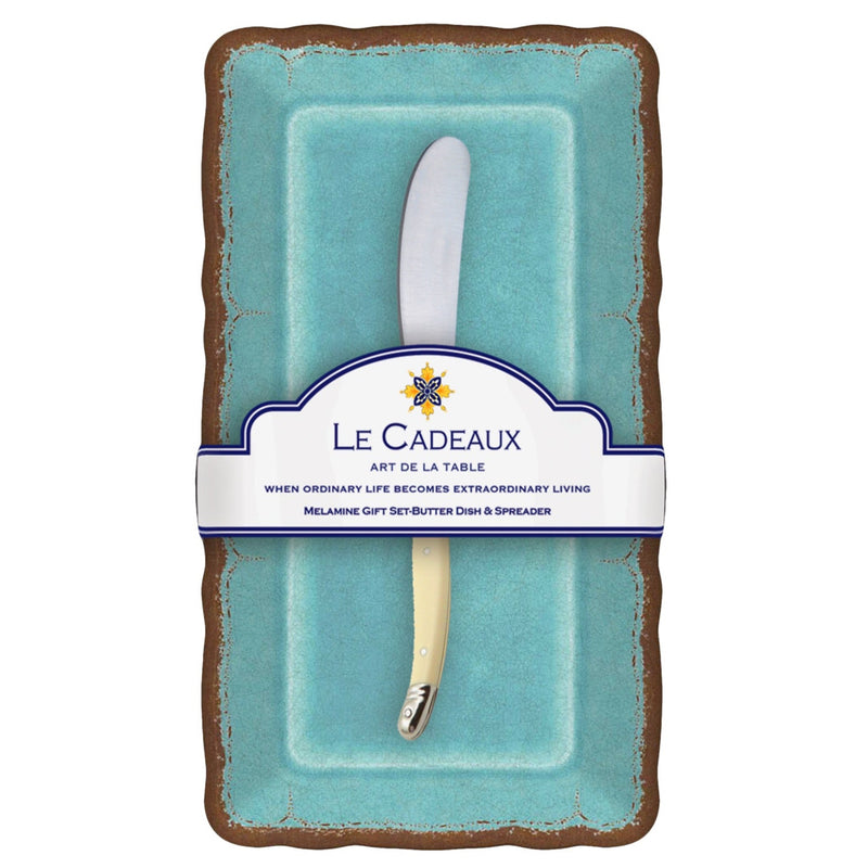 Teal melamine tray with a white knife on a white background, featuring 'Le Cadeaux' branding.