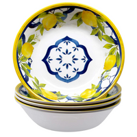 Set of ceramic bowls with lemon and leaf design on a white background