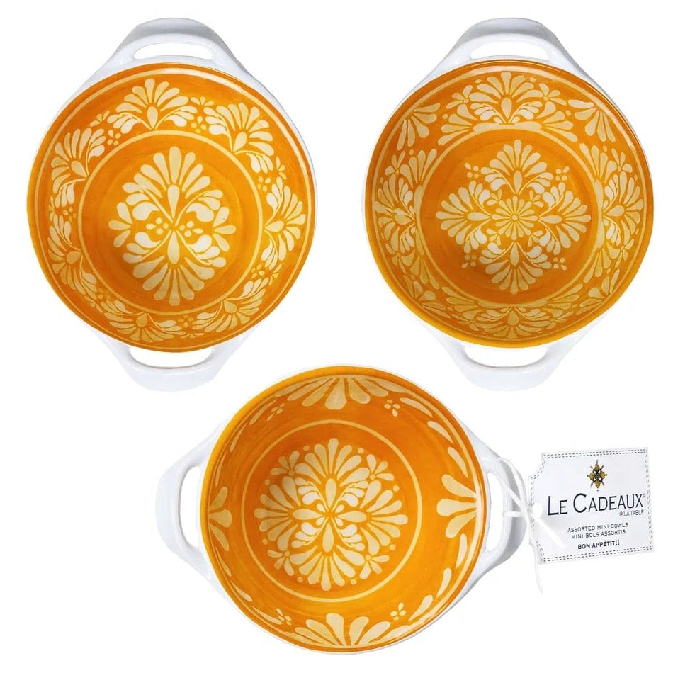Le Cadeaux Paloma Orange mini handled bowls set of 3 melamine