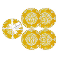Set of four le Cadeaux yellow appetizer plates with a white  floral pattern, perfect for bread, outdoor entertaining, cake, breakfast bullets and more