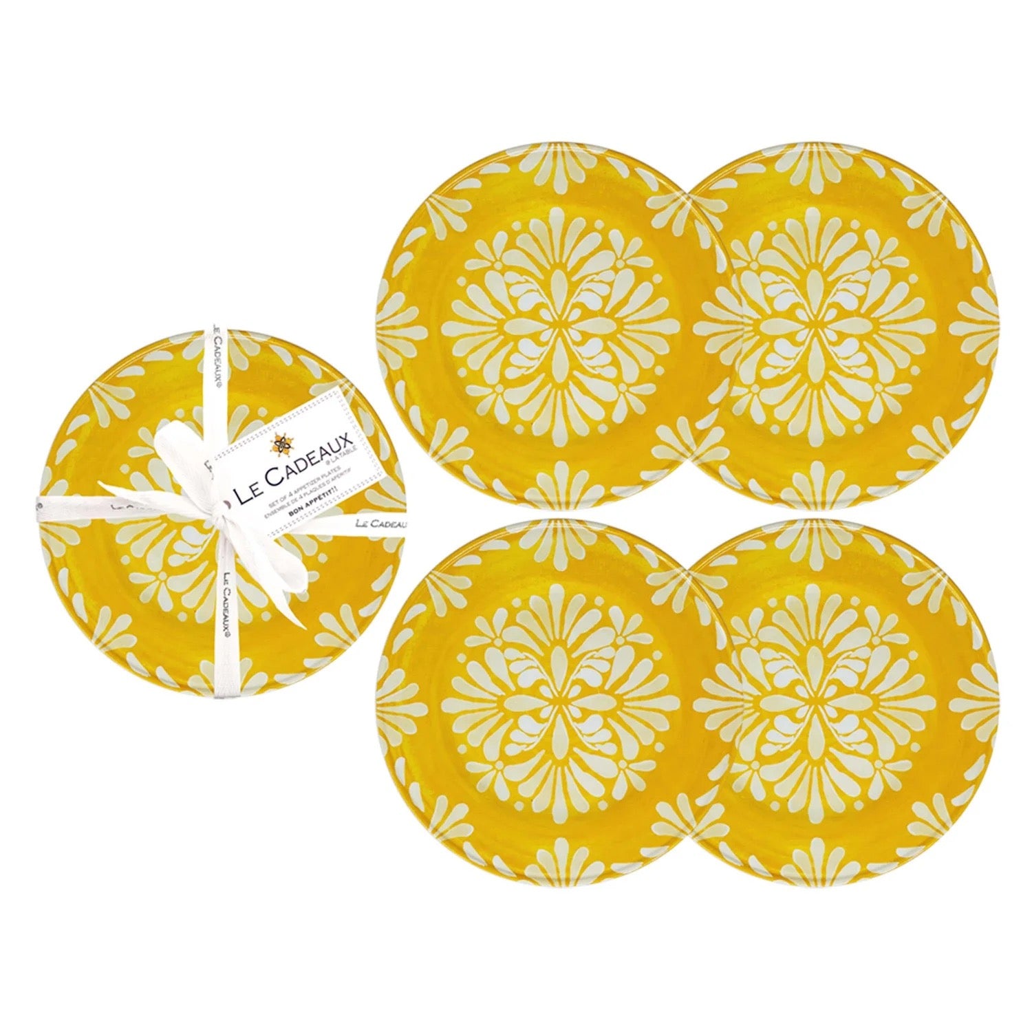 Set of four le Cadeaux yellow appetizer plates with a white  floral pattern, perfect for bread, outdoor entertaining, cake, breakfast bullets and more