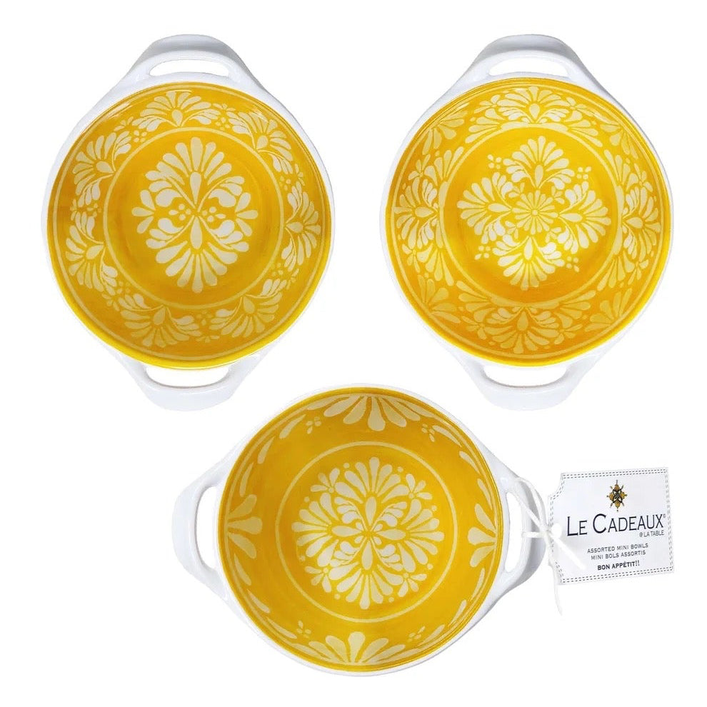 Le Cadeaux Paloma Yellow mini handled bowls set of 3 melamine