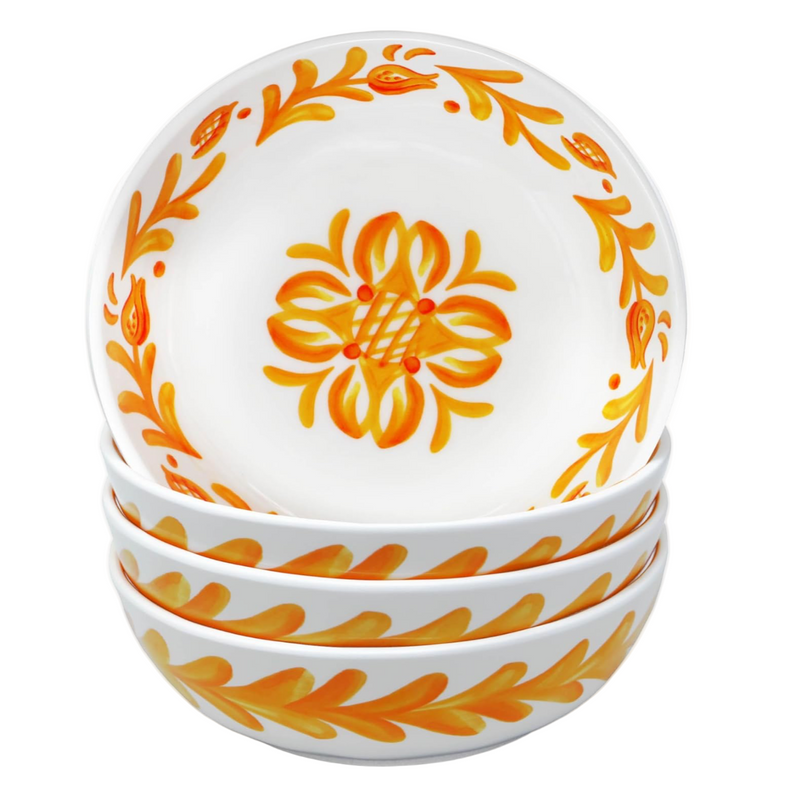 Set of four le cadeaux Sicilian orange melamine cereal bowls with orange floral design on a white background