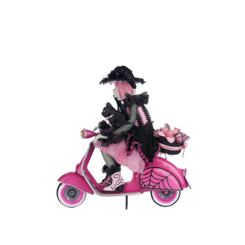 Limited edition Rosalie riding pink Vespa Halloween decoration by Katherine’s Collection left hand view