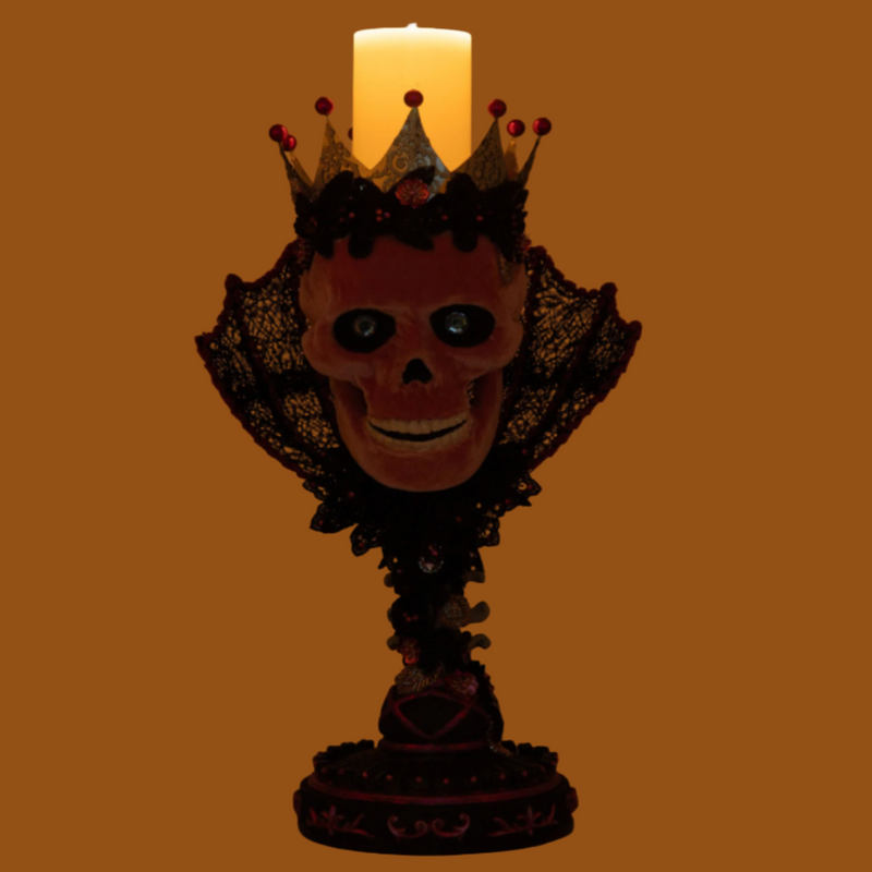 Luxury handmade skull pillar candle holder from Katherine’s Collection 2024 release - pillar candle included, light for night
