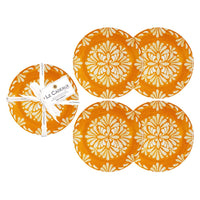 Set of Paloma orange appetizer plates with white floral patterns and 'Le Cadeaux' branding.