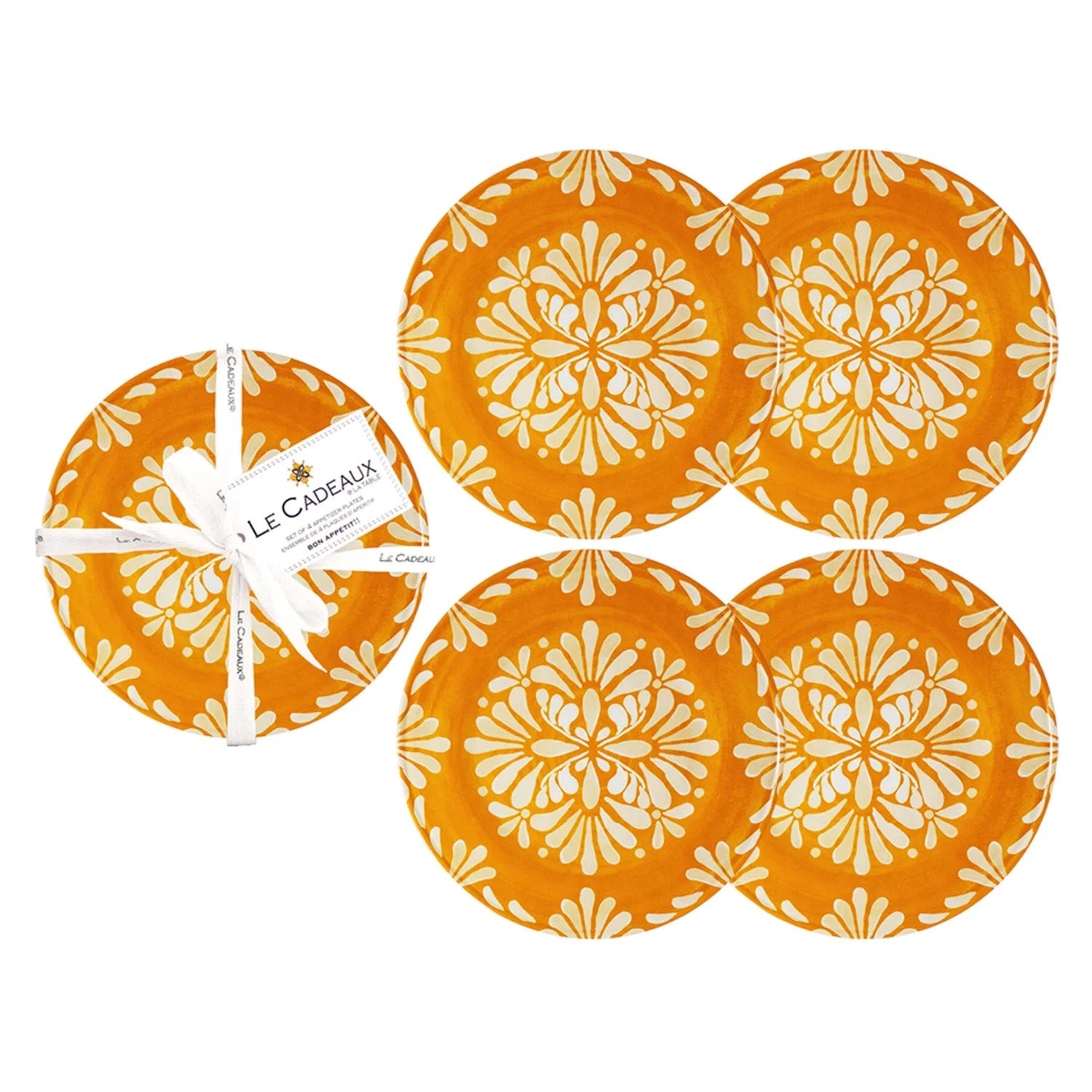 Set of Paloma orange appetizer plates with white floral patterns and 'Le Cadeaux' branding.
