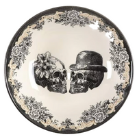 Close-up of top view of the Party Skulls Collection skull design and floral rim