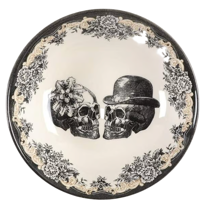 Close-up of top view of the Party Skulls Collection skull design and floral rim