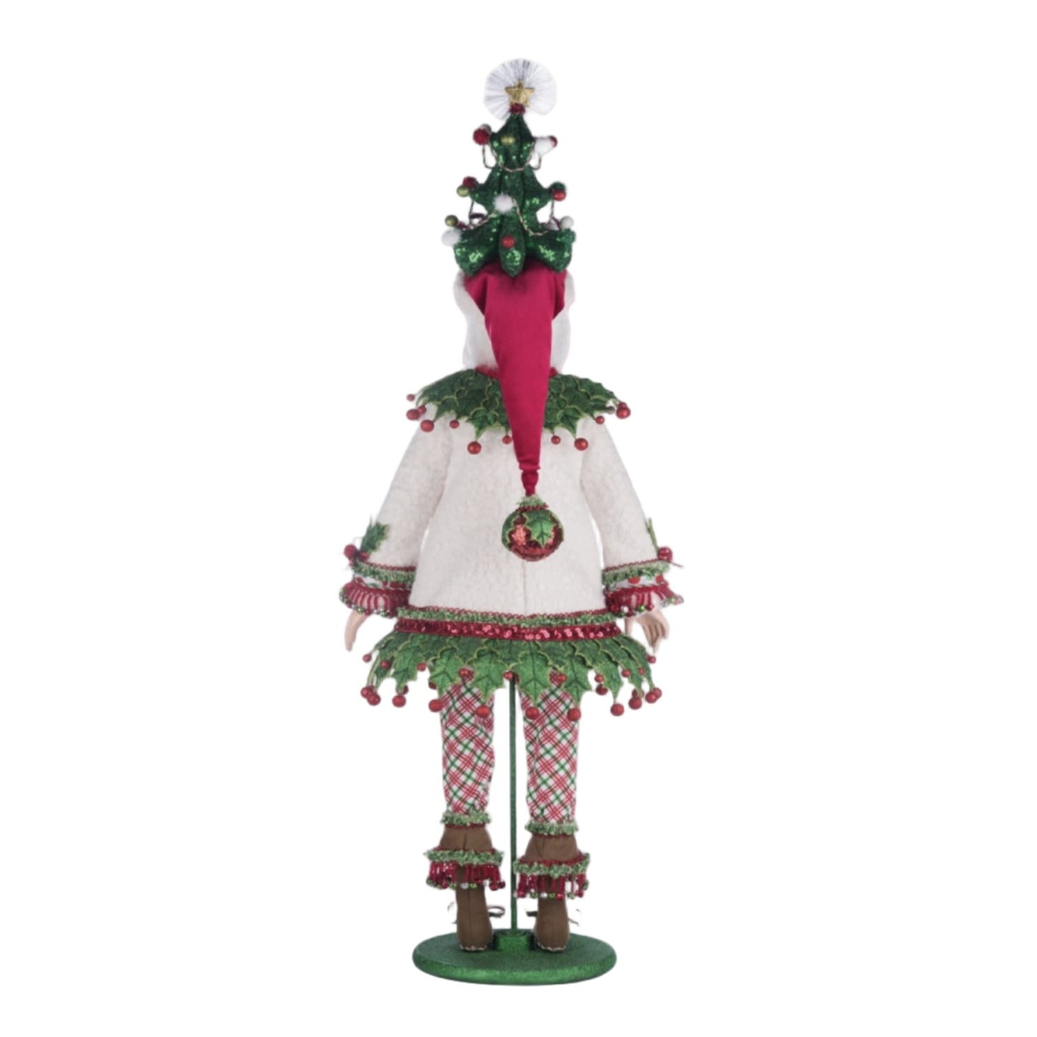 Santa displayed on included doll stand, Katherines Collection Papa Winterberry Santa Doll, SKU 28-428336, GTIN 810074128254 back view 