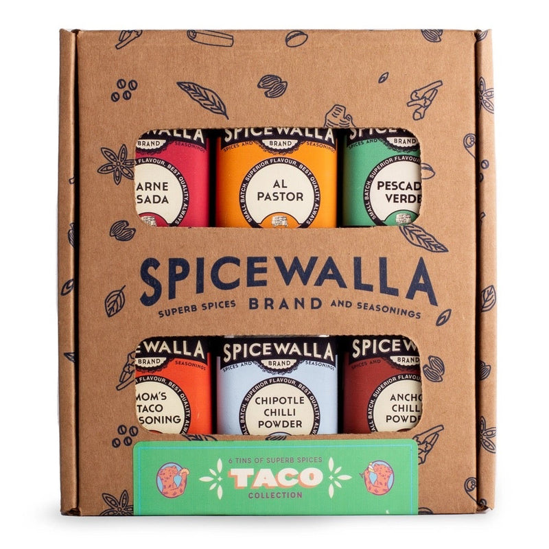 Spicewalla Taco Collection Gift Set with six premium taco seasonings displayed in colorful tins