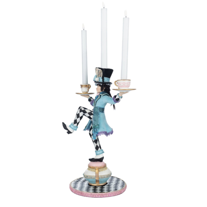 Whimsical Mad Hatter Candle Holder 28-428135 GTIN 810074126939 balancing on teapot with battery-operated candles