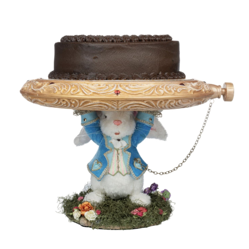 White Rabbit Cake Stand 28-428118 GTIN 810074126823 holding giant golden pocket watch base centerpiece