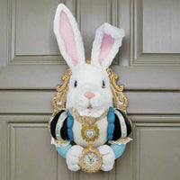 Katherine’s Collection White Rabbit Door Knocker 28-428129 GTIN 810074126908 with blue hearts on sleeves