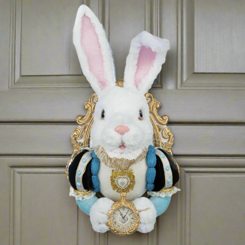 Katherine’s Collection White Rabbit Door Knocker 28-428129 GTIN 810074126908 with blue hearts on sleeves