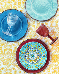 Antiqua-Blue-Antiqua-Turquoise-Antiqua-Red-Madrid-Turquoise-12-Piece-Dinnerware-Set-Dinner-Plates-Salad-Plates-Cereal-Bowl-Milano-Clear-Wine-Millano-Berry-Wine-Goblet-Glass