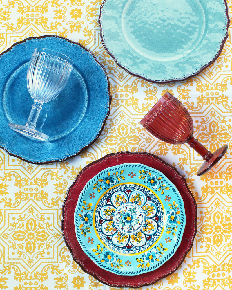 Antiqua-Blue-Antiqua-Turquoise-Antiqua-Red-Madrid-Turquoise-12-Piece-Dinnerware-Set-Dinner-Plates-Salad-Plates-Cereal-Bowl-Milano-Clear-Wine-Millano-Berry-Wine-Goblet-Glass