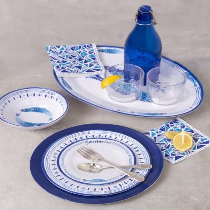 Le-Cadeaux-Santorini-Fish-Appetizer-Plates-Dinner-Plates-Salad-Plates-Cereal-Bowl-Platter-Napkins-Blue-Caraffe-Clear-Glasses-Tumblers