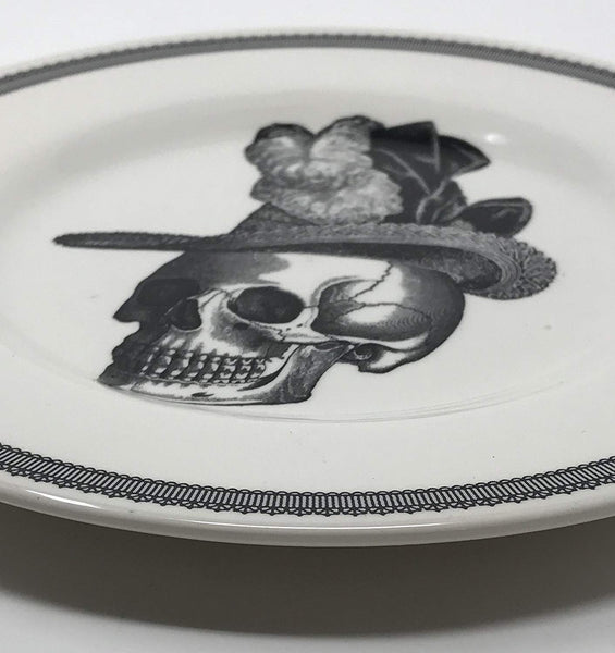 Victorian-english-pottery-royal-stafford-skull-hat-pompadour-dinner-plate-porcelain-ceramic